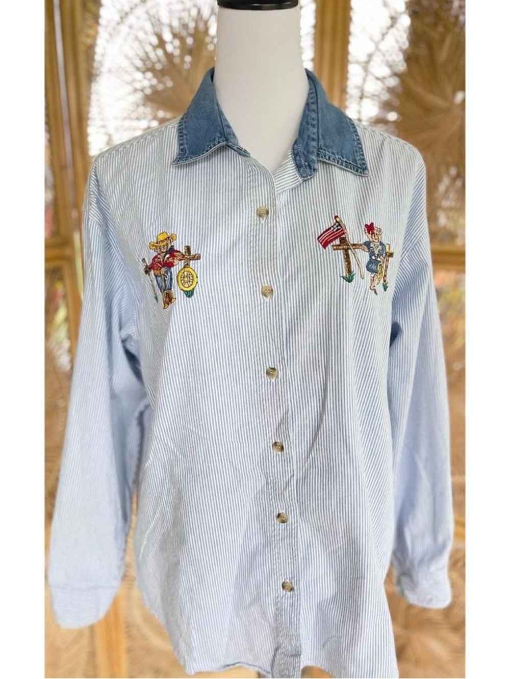 90s Basic Editions Cotton Striped Button Down Shirt Embroidered Teddy Bears M